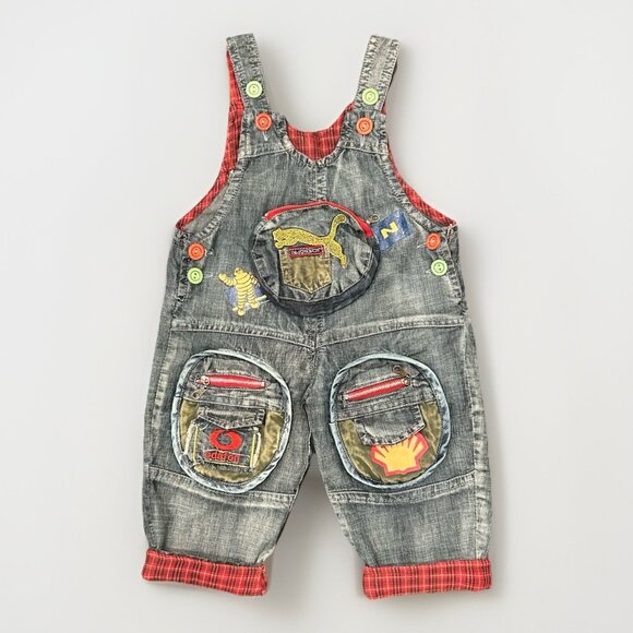 Denim Overalls Car Motif Toddler Size 2T Michelin Jaquar Odafon Shell Flannel - Picture 1 of 11
